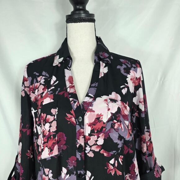 A. Byer Floral Button Front Womens Blouse Medium Black Pink Purple Preppy - Picture 3 of 10